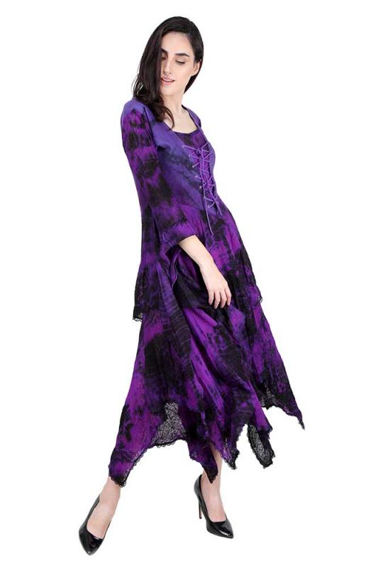 Blau-lilafarbenes gebatiktes zeitloses Kleid mit  Schnürung aus Spitze und Chiffon